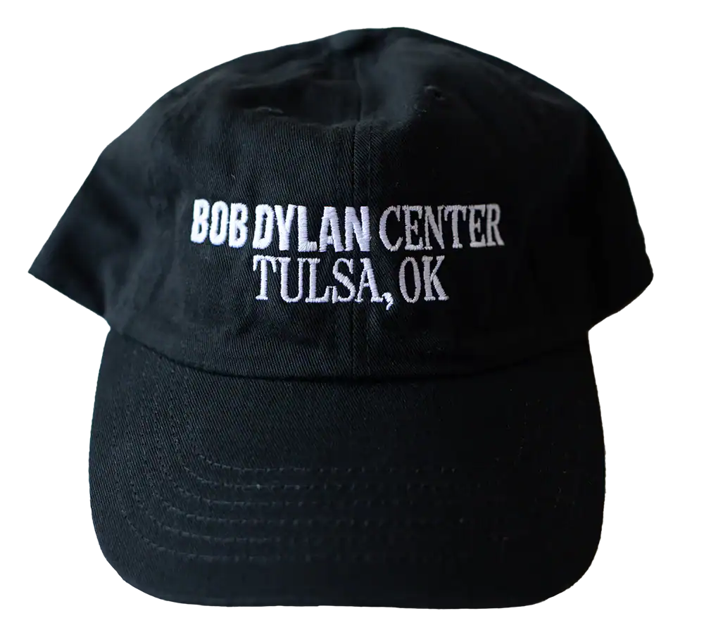 Bob Dylan Center Tulsa OK black baseball cap, personalized with embroidered text, representing music memorabilia and artist tribute merchandise.