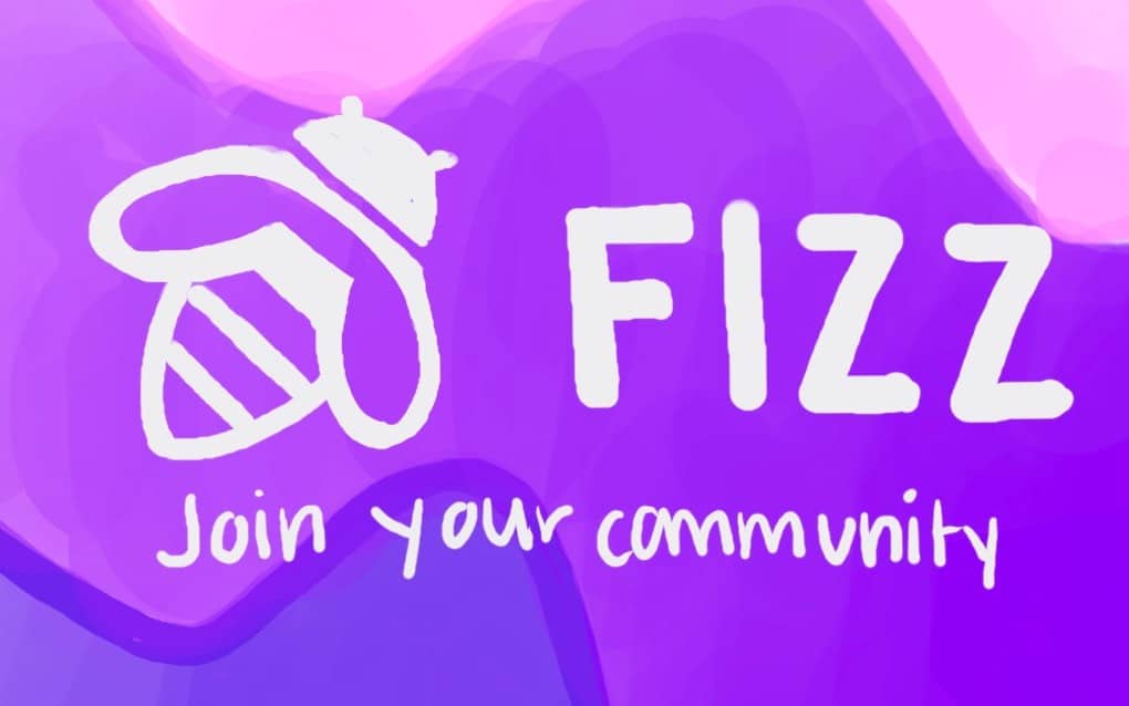FIZZ logo with playful drinks icon and "Join your community" text on purple background; vibrant and engaging visual for music and entertainment communities.