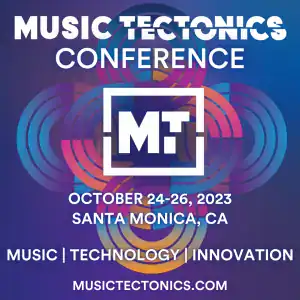 Innovative music technology conference poster highlighting October 24-26, 2023 event in Santa Monica, CA featuring music, tech, and innovation themes for industry professionals.