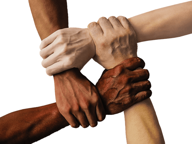 Different skin-toned hands gripping each other in a collaborative gesture representing unity and teamwork.
