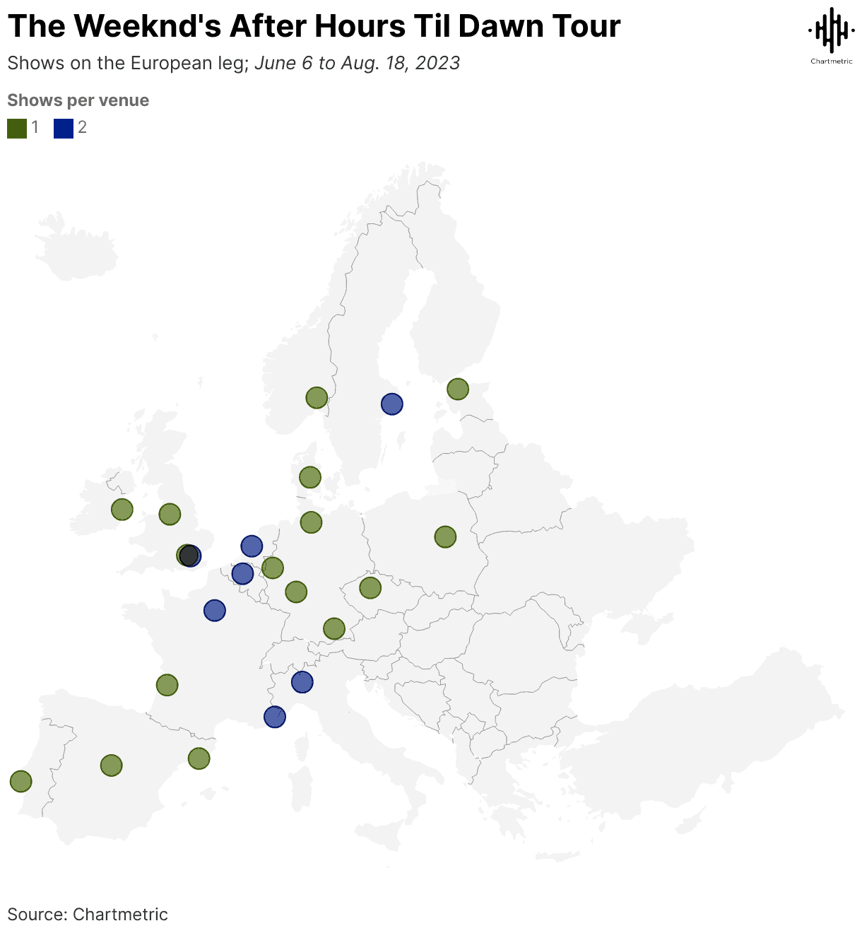 European music tour schedule map, showcasing concert venues across Europe from June 6 to August 18, 2023, highlighting popular locations for live music experiences.