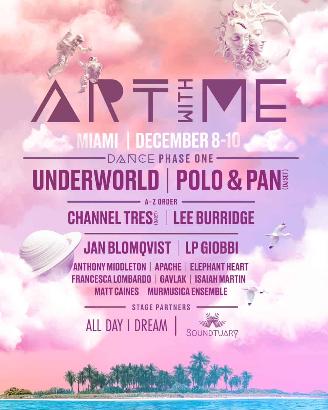 Astronauts floating in pink sky with clouds, artistic faces in moon, tropical island with palm trees, and abstract design, promoting Hypebot Art with Me Miami music festival December 8-10, 2023.