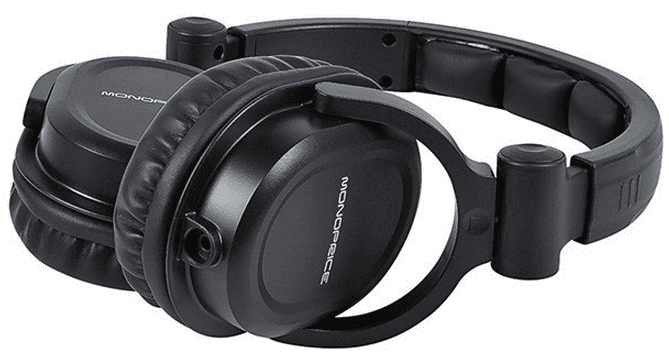 Wireless black over-ear headphones for music and audio listening, noise-canceling wireless headphones, Monoprice brand, everyday use, comfortable fit.