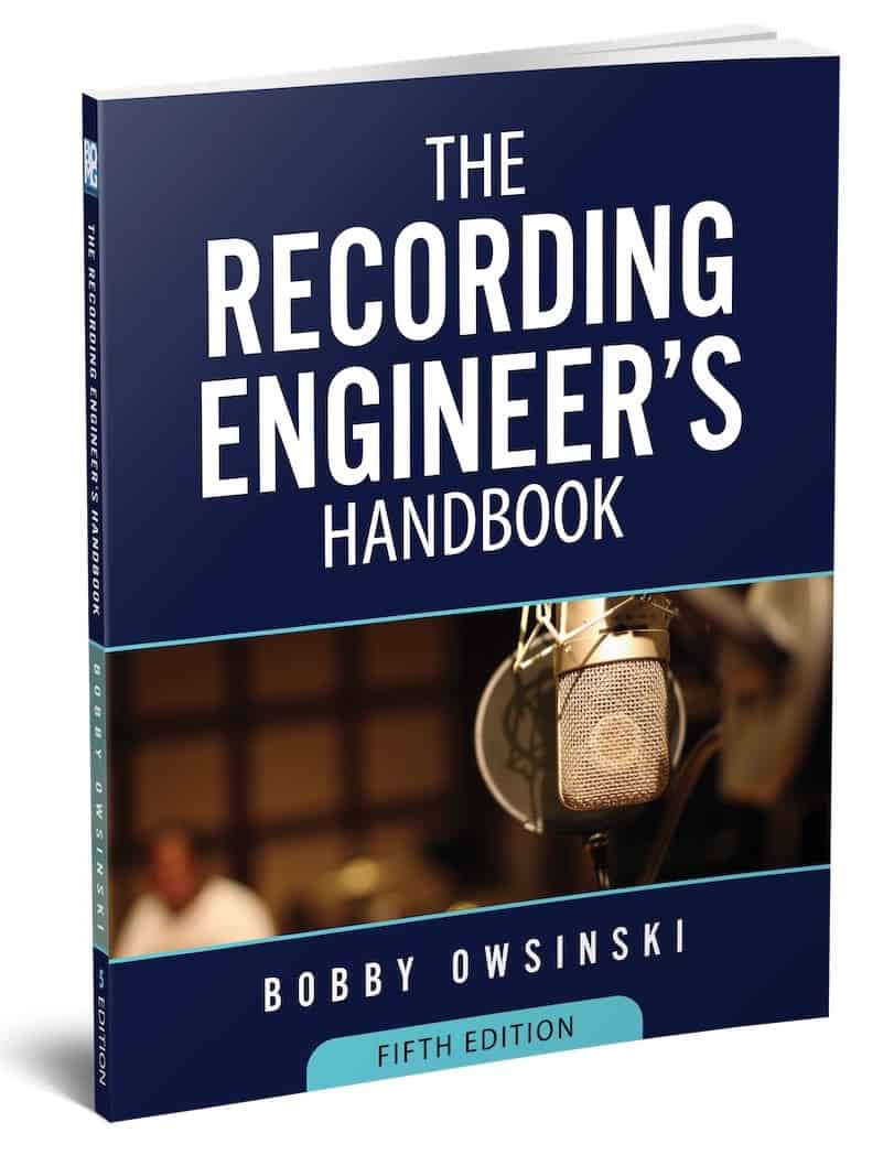 Recording engineer handbook book cover with microphone in a professional recording studio, fifth edition by Bobby Owsinski. Ideal for music production and audio engineering professionals.
