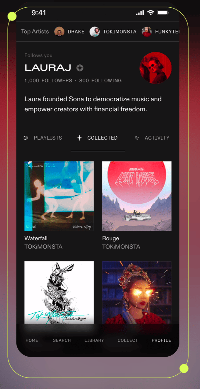 Alternative text: User profile on a music app showcasing curated playlists and collections from artists like TOKiMONSTA with album artwork and music visuals.