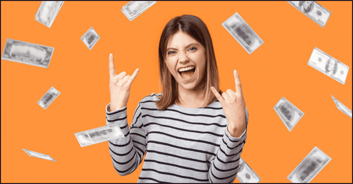 Fun young woman celebrating with flying dollar bills on orange background, expressing excitement about music industry and monetization, Hypebot SEO image.