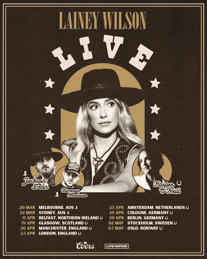 Live music tour poster featuring Lainey Wilson with dates across Europe and Australia, promoting her "LIVE" tour in various cities worldwide.