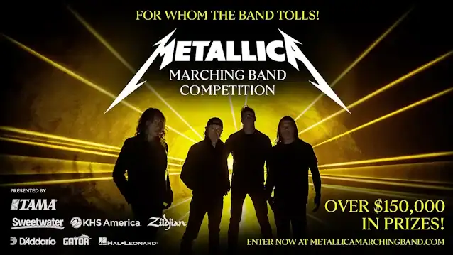 Metallica marching band competition promotional image with silhouettes of band members and vibrant yellow light effects, highlighting a large cash prize giveaway.