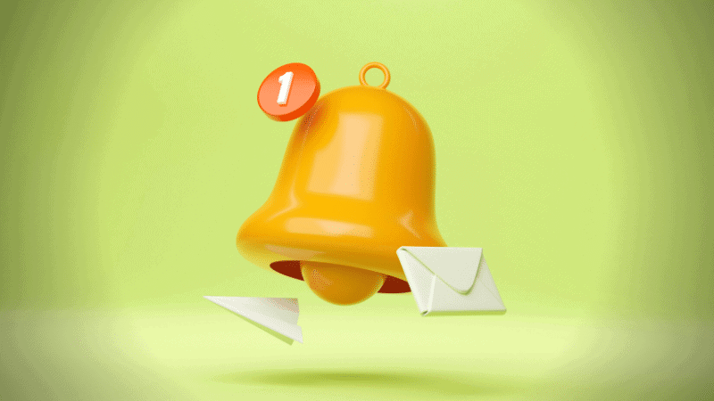 New email notification bell icon with mail and paper plane on a vibrant green background.