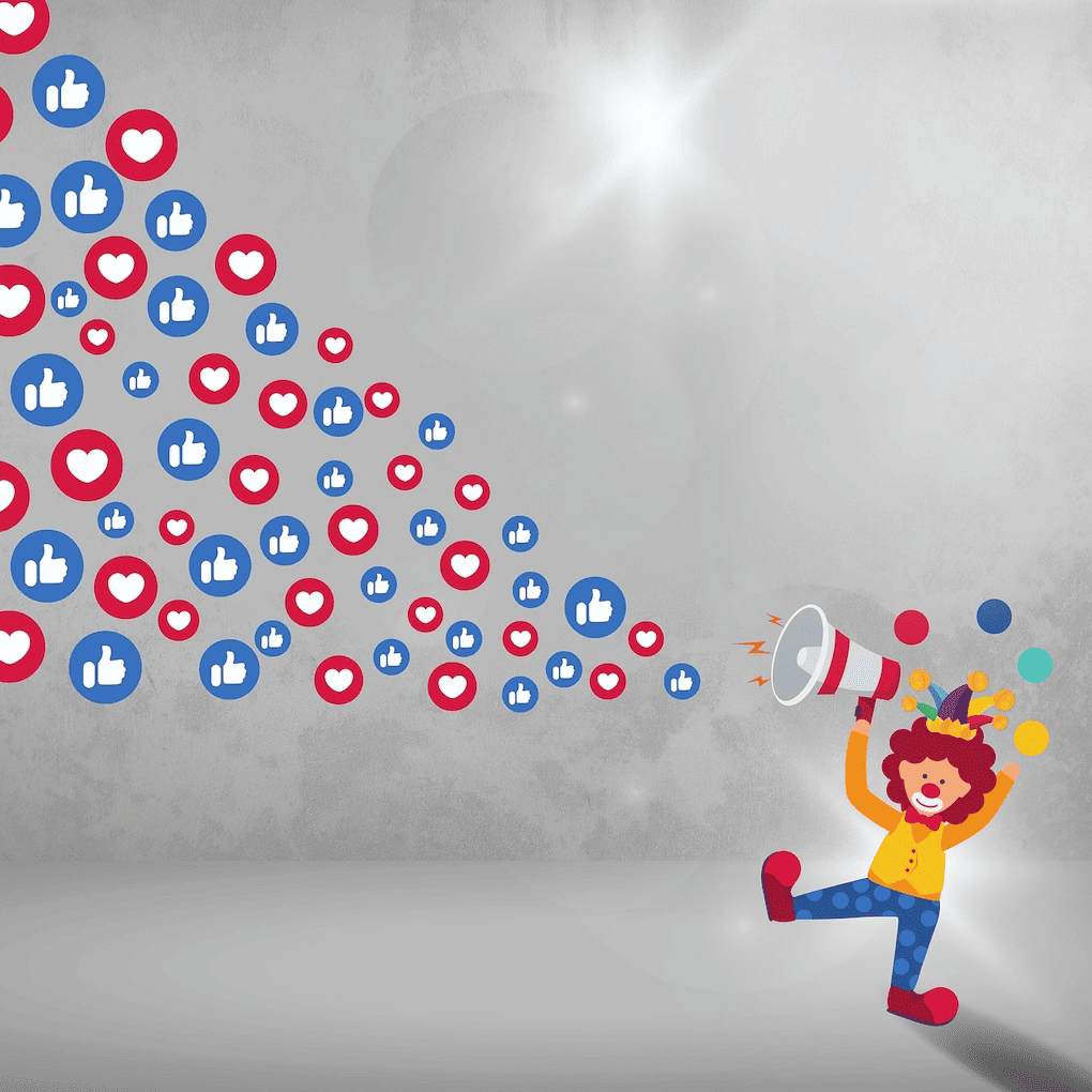 Likes and love social media icons exploding from a megaphone, representing social media engagement and online marketing.