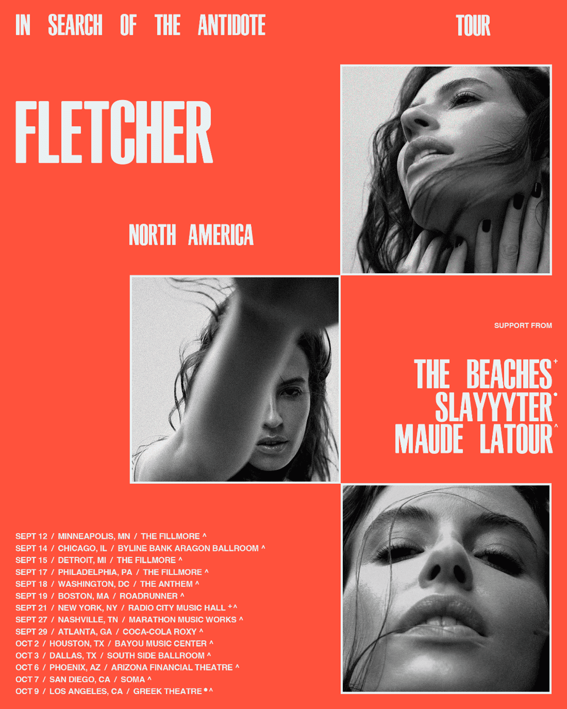 Live music artist flyer promoting Fletcher North America tour with concert dates and locations in main cities, featuring black and white photos of artist with bold red background for music events promotional materials.