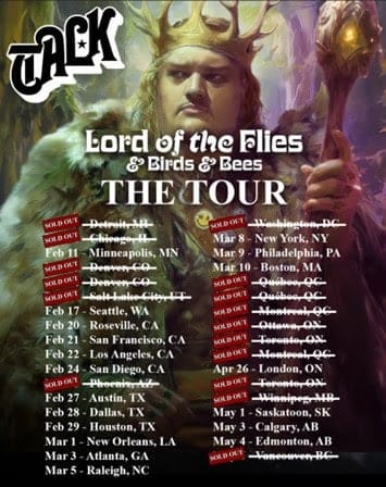 Lord of the Flies & Birds & Bees concert tour poster featuring dates and locations, with some dates marked as sold out, set against a fantasy-themed background.