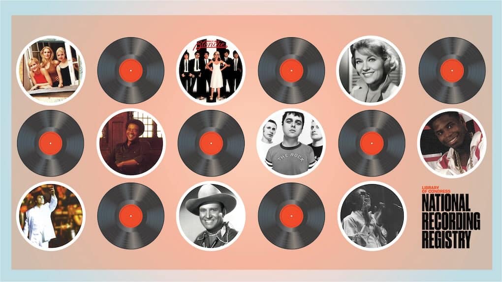 Vintage vinyl records featuring iconic musicians and artists, representing music history and cultural legacy, displayed prominently alongside the National Recording Registry logo.