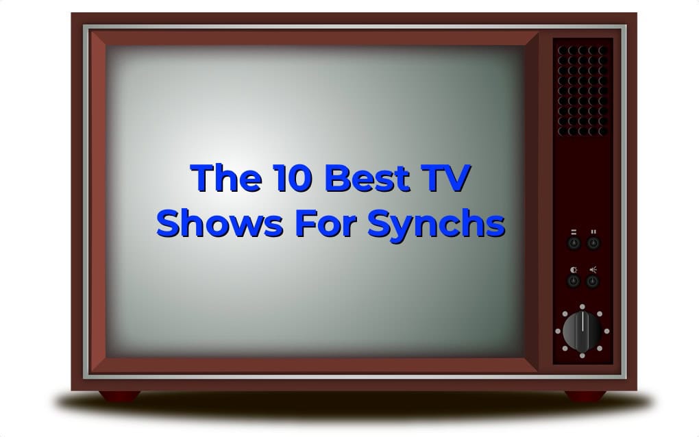 TV with vintage design displaying "The 10 Best TV Shows For Synchs" in bold blue text, emphasizing TV show synchronization, music licensing, and entertainment content.