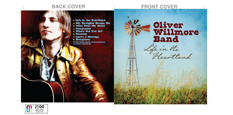 Vibrant album cover art for Oliver Willmore Band's "Life in the Heartland," featuring a windswept field, vintage windmill, and bold typography, perfect for promoting country music and new album releases.