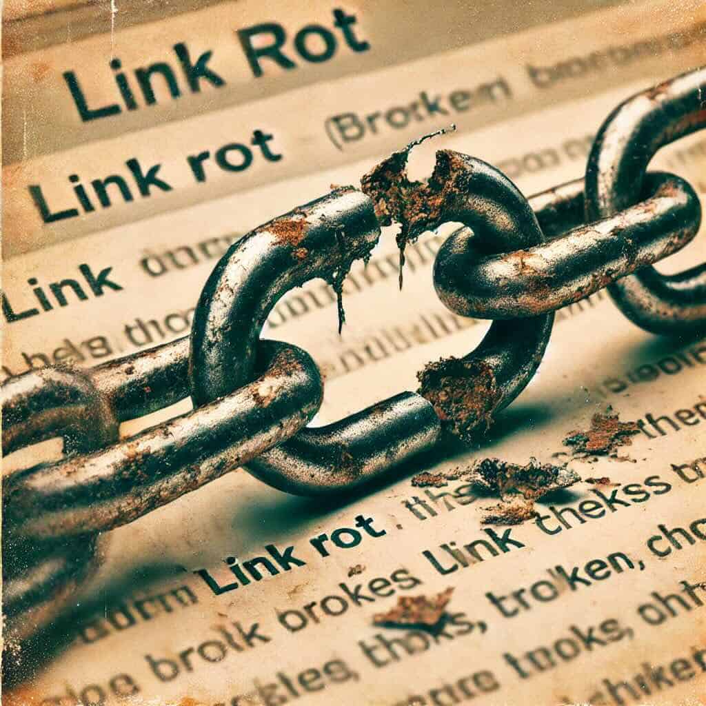 Broken chain link representing broken online links and digital link rot for SEO issues and website link sustainability.