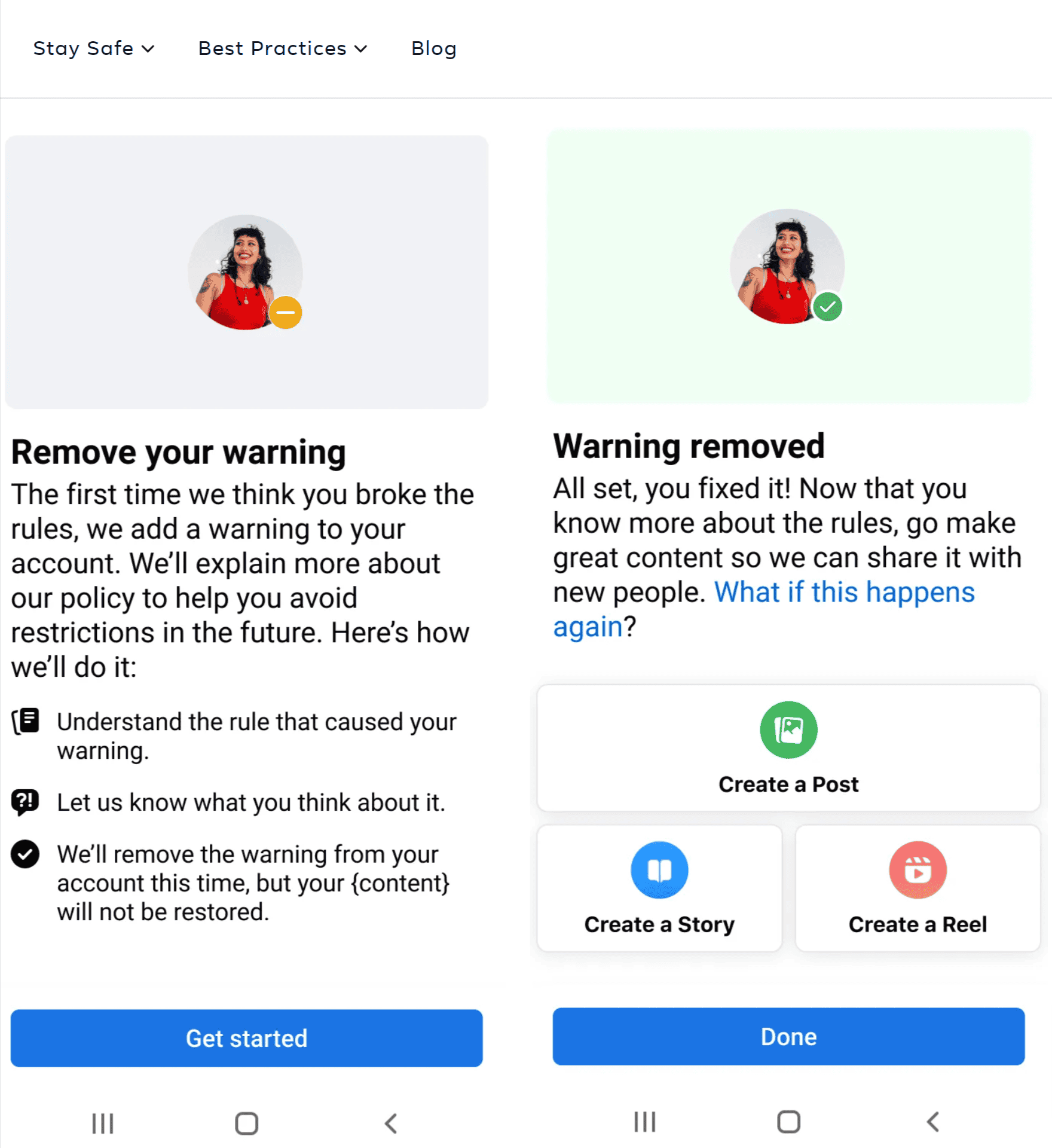 Breakage prevention warning icon for social media content moderation, illustrating rule violations and warning removal process on Hypebot platform.