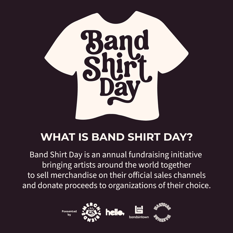 Band shirt day graphic with text about the annual fundraising event for artists, featuring logos of participating organizations.