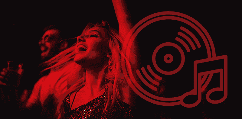 Electronic dance music concert with enthusiastic crowd and DJ turntable graphic, showcasing live music event and festival atmosphere.