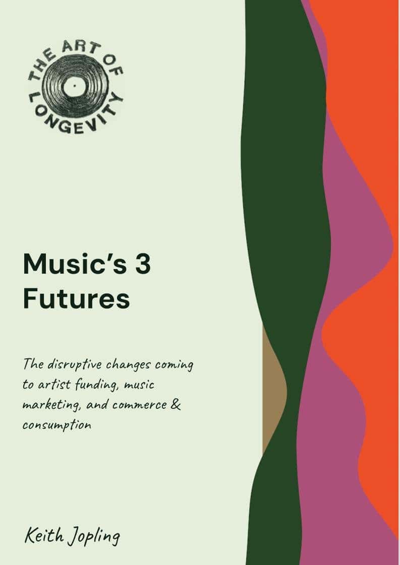 Art of longevity music book cover with abstract colorful design and text about music futures.