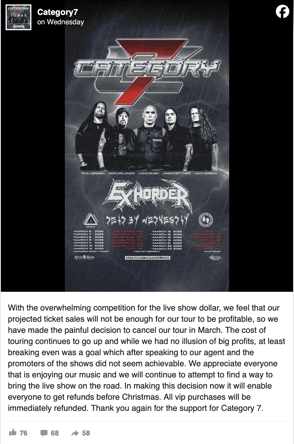 Energized metal band Category 7 concert tour poster with featured members and tour dates, promoting heavy metal music events.