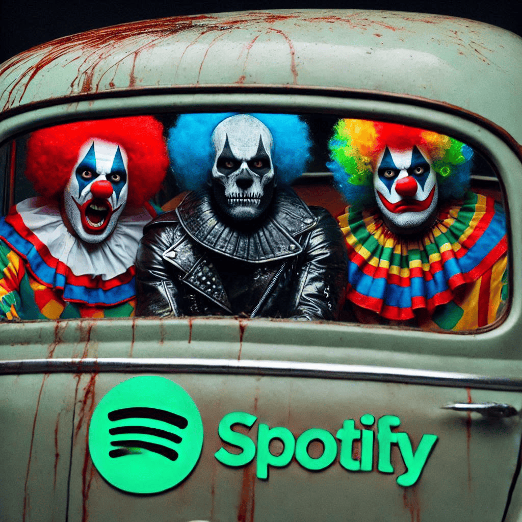 Clown themed characters with a Spotify logo in a creepy vintage vehicle, Halloween or horror music promotion, featuring eerie clown costumes and makeup for entertainment or marketing purposes.