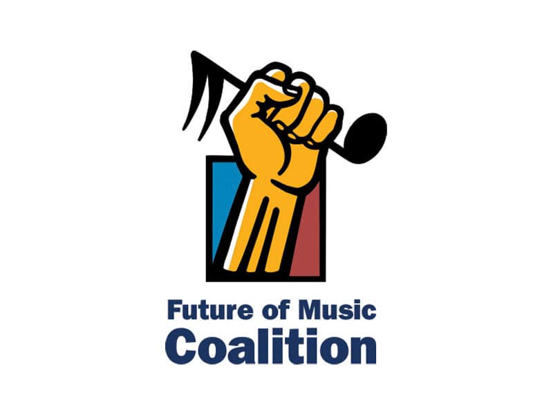 Hand holding a microphone in a fist for Future of Music Coalition logo, symbolizing music advocacy and industry innovation.
