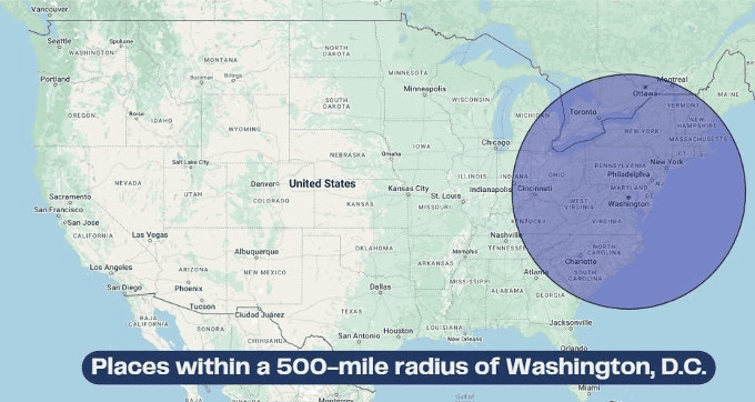 Washington, D.C. and surrounding areas within a 500-mile radius highlighted on a U.S. map, emphasizing regional coverage for music industry insights and media coverage.