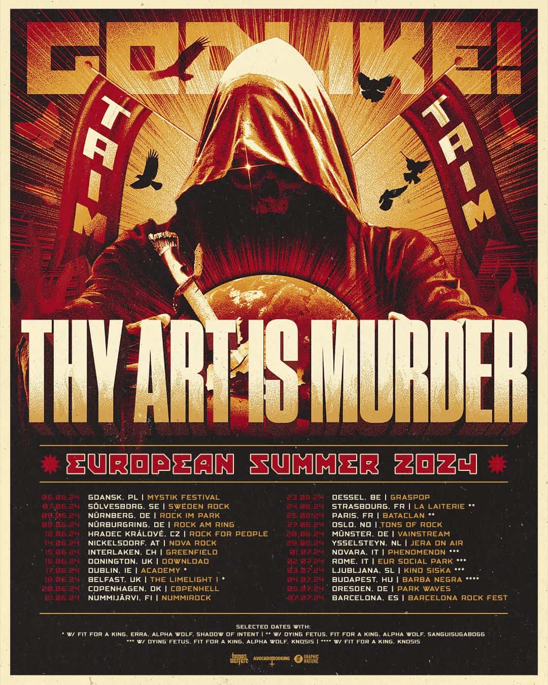 Thy Art Is Murder European Summer 2024 music festival poster with bold graphic design featuring a hooded figure, banners, and concert lineup for European tour dates.