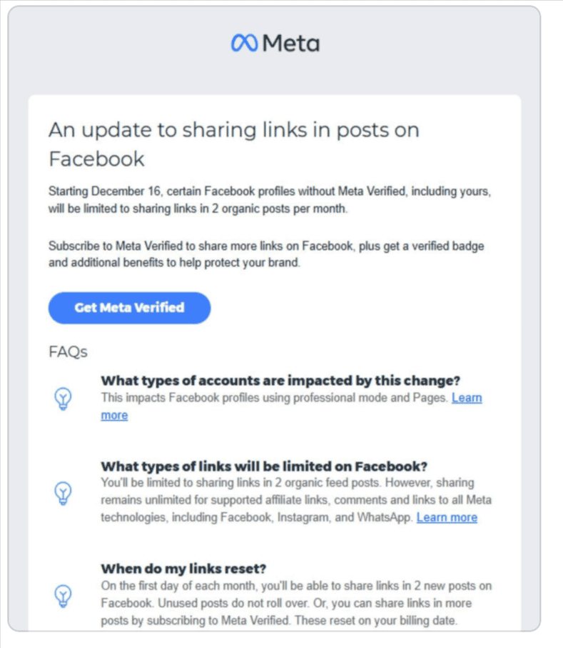 Meta Facebook link sharing update, Facebook profile restrictions, Meta Verified badge, social media tools, digital marketing strategies, Facebook link limits, Facebook post management, social media marketing news, online branding tips, Meta platform updates.