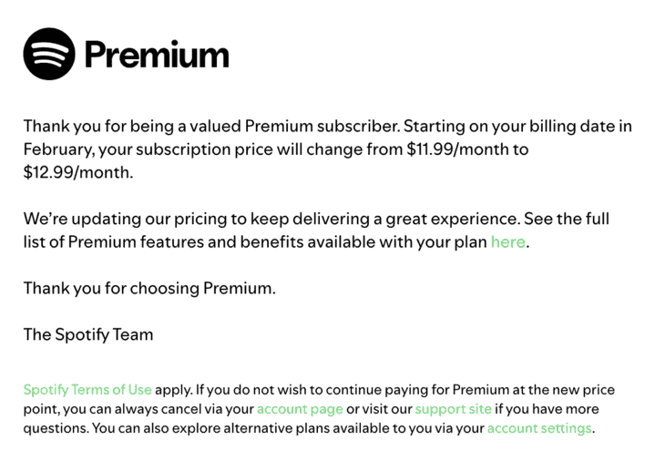 Premium Spotify subscription renewal notice for Hypebot website; announcing price increase from $11.99 to $12.99 per month with details on features, cancellation policy, and account management options.
